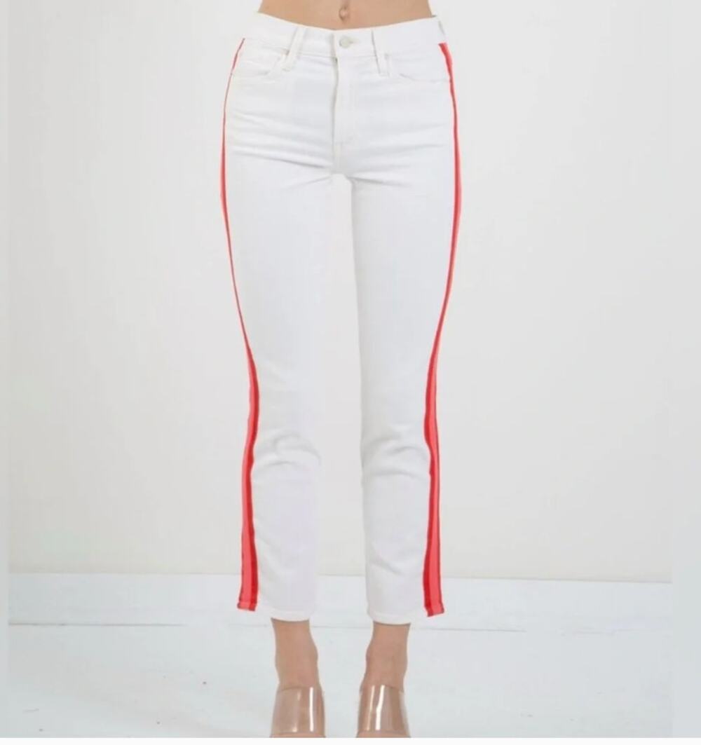 MOTHER The Mid Rise Dazzler Crop Women's 30 Whipping The Cream Pink Racer Stripe
